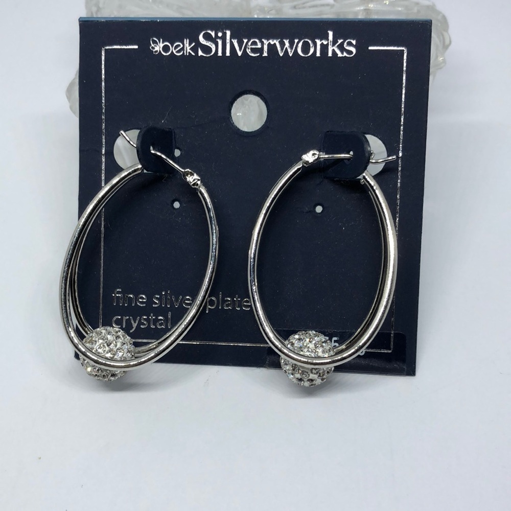SILVERWORKS fine silver plate modernist style crystal hoop earrings new